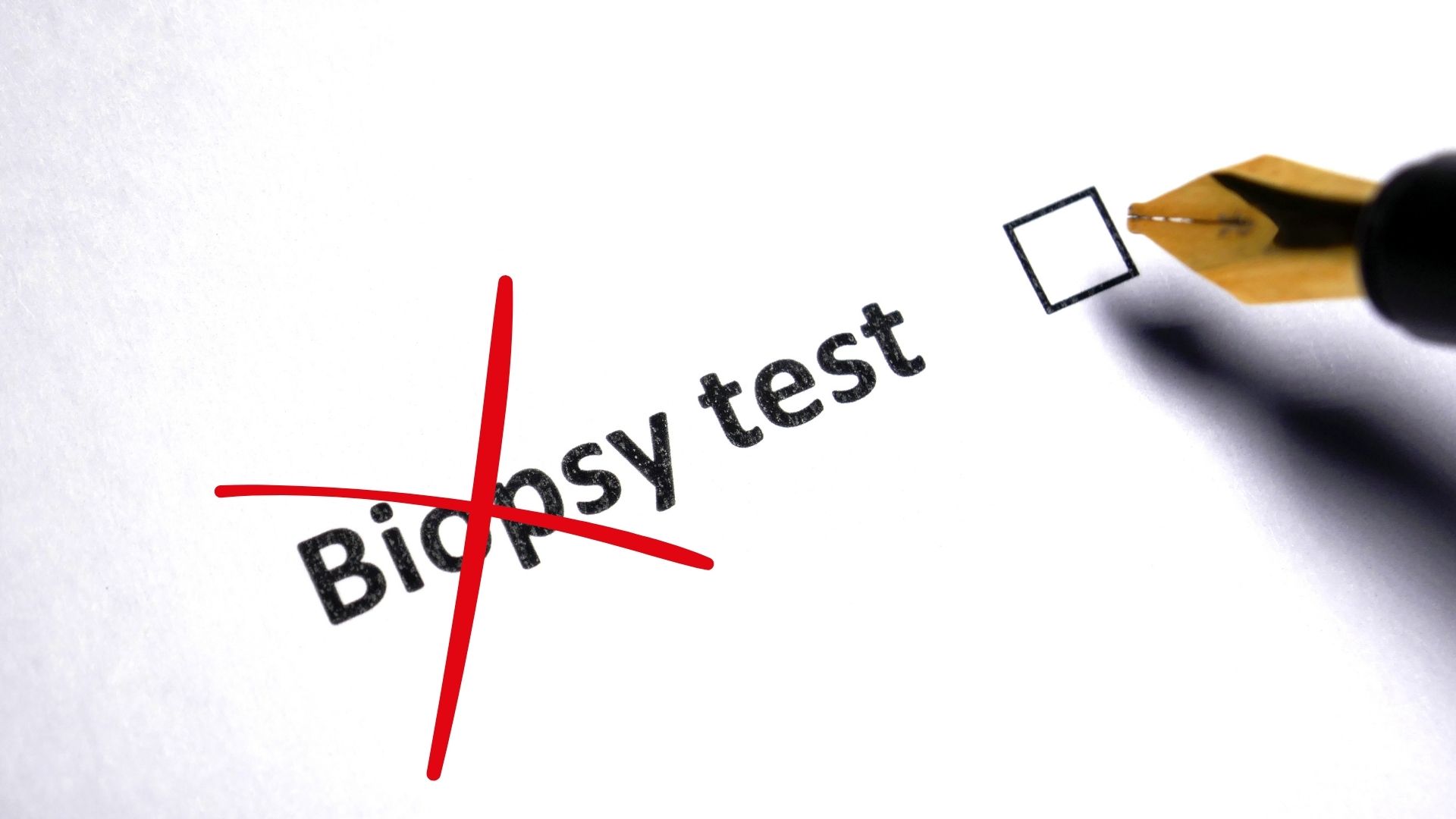 Image symbolique du PGT-A non invasif : le texte « Biopsy test » barré en rouge, illustrant la méthode alternative pour l’analyse génétique embryonnaire sans biopsie